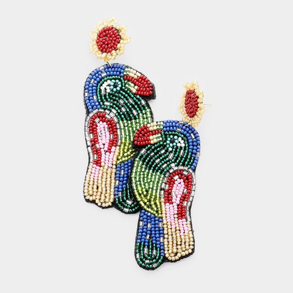 Bird Earrings Seed Beaded Felt Back Toucan Wing 4" Long Dangle Statement Jewelry - Picture 1 of 1